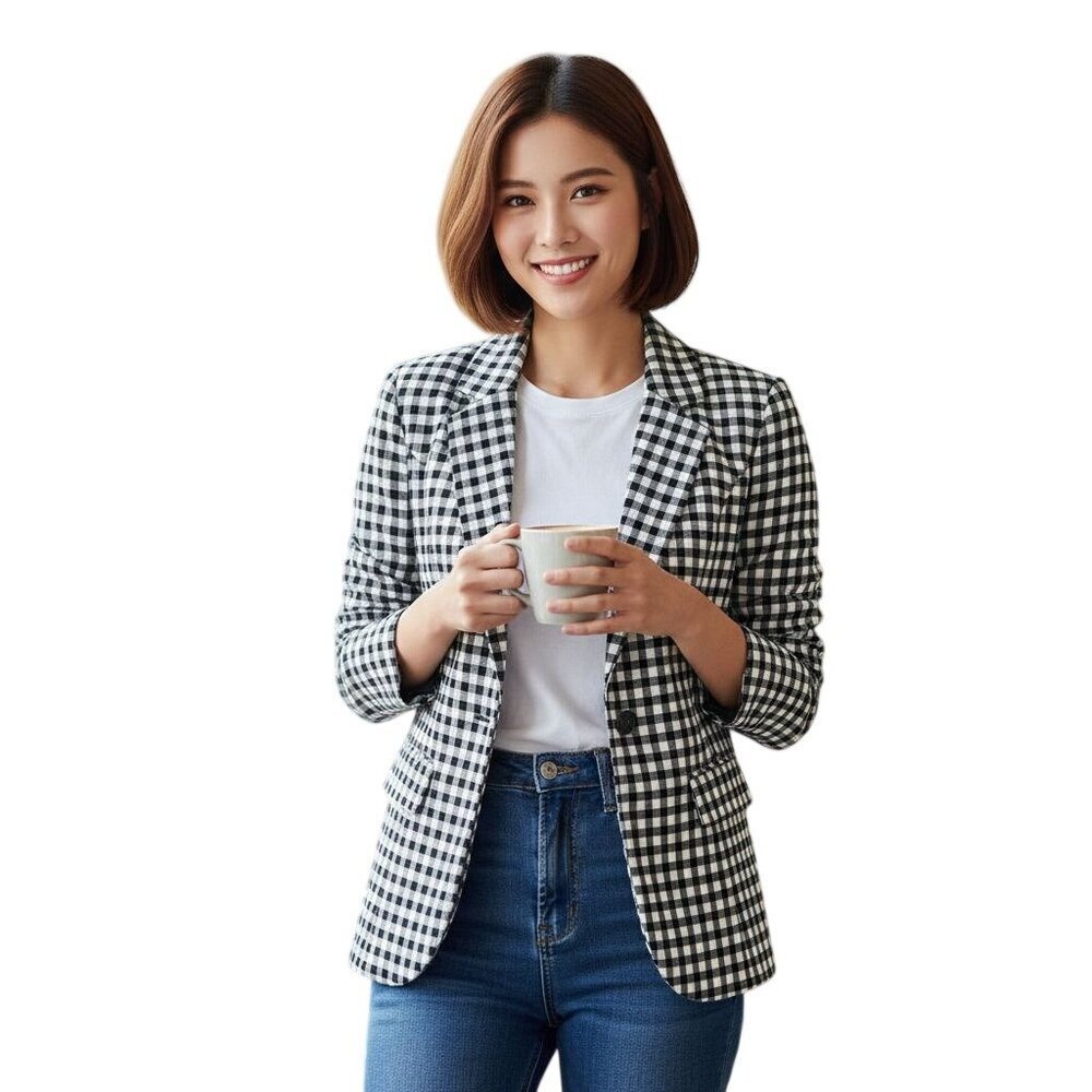 Forever 21 Contemporary Black White Gingham Blazer Size S